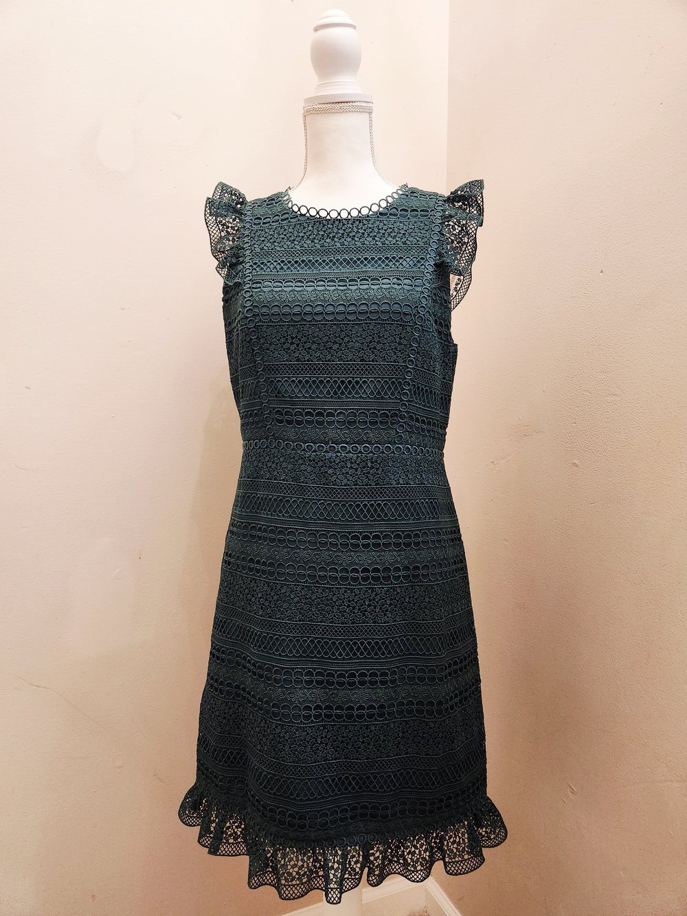 J. Crew Lace Flutter-Sleeve Sheath Dress in Deep Green